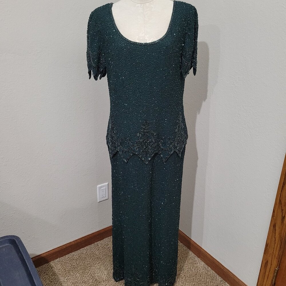 Laurence Kazar dark green beaded evening gown cocktail party dress size XL